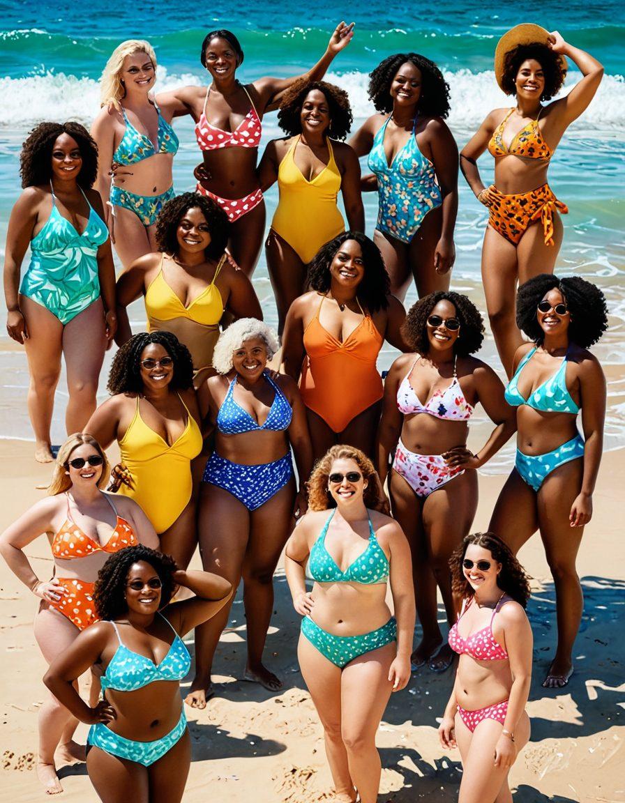 A diverse group of confident individuals of varying shapes and sizes joyfully embracing their bodies in vibrant swimwear, standing together on a sunny beach. The scene captures a colorful blend of swimwear styles, showcasing self-love and body positivity against a backdrop of gentle ocean waves and a bright blue sky. Incorporate artistic elements like tropical flowers and sunlight reflecting off the water for a warm, inviting atmosphere. super-realistic. vibrant colors. beach setting.